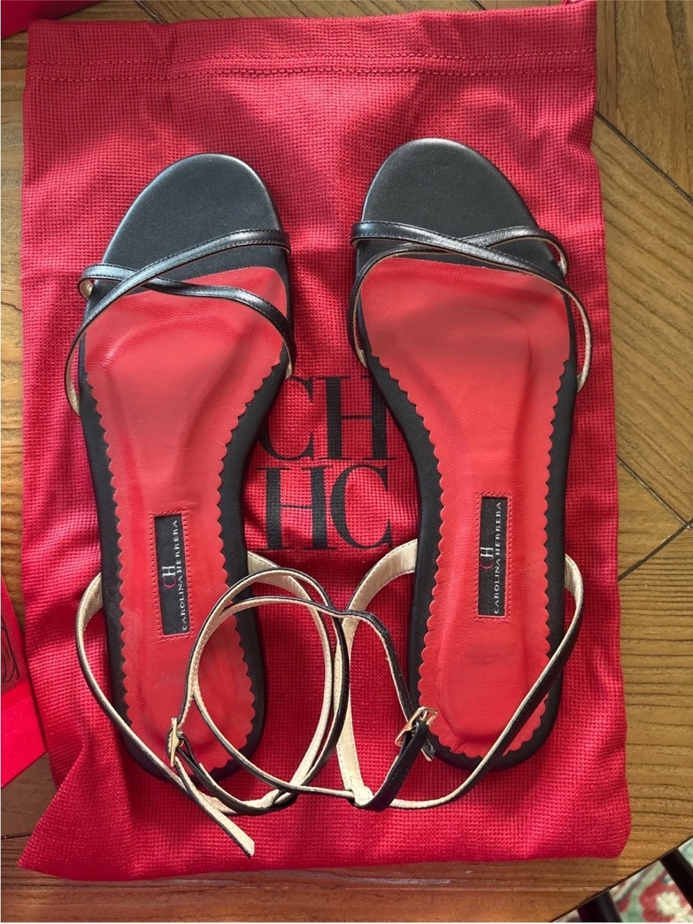 Carolina Herrera Black Strappy Sandals with Red Footbed